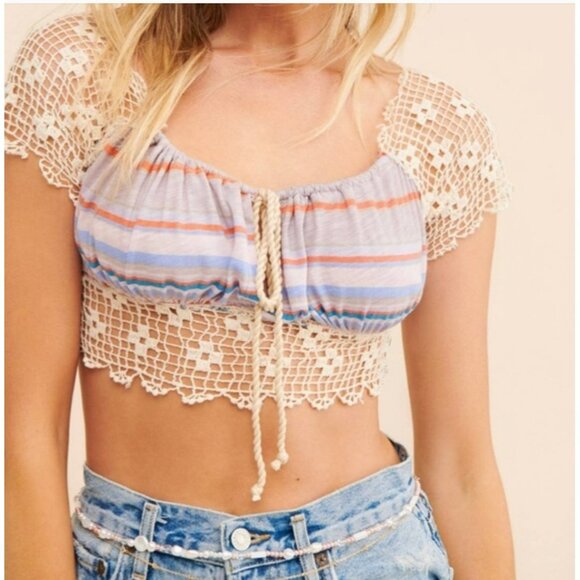 Free People Women's Aruba Crochet Multicolor Striped Crop Top Size Large - Picture 1 of 11
